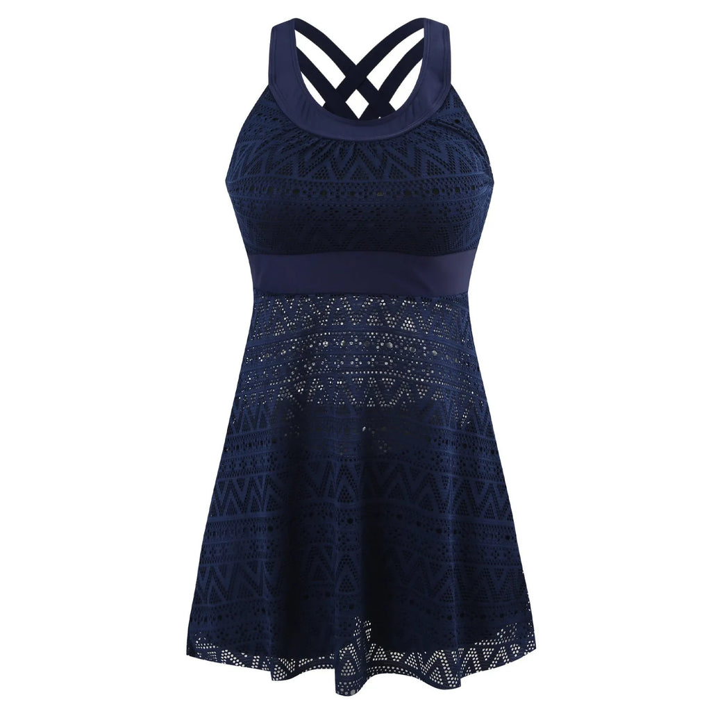 Ladies conservative split swimsuit in black or dark blue with slimming silhouette and briefs style