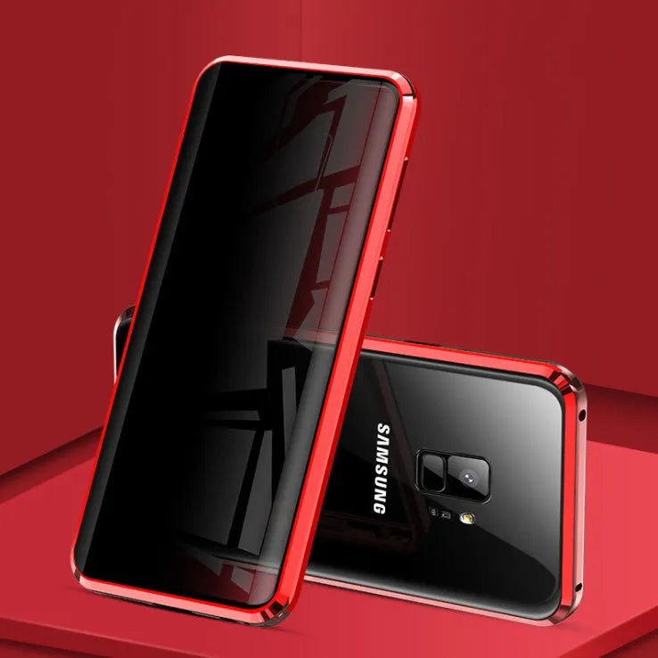 Black anti-peeping magnetic clamshell phone case for Samsung phones shown closed.