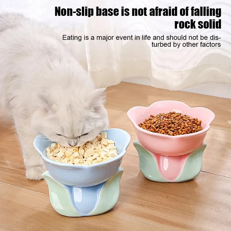 Blue ceramic raised pet bowl with floral pattern and non-slip base for cats and small dogs