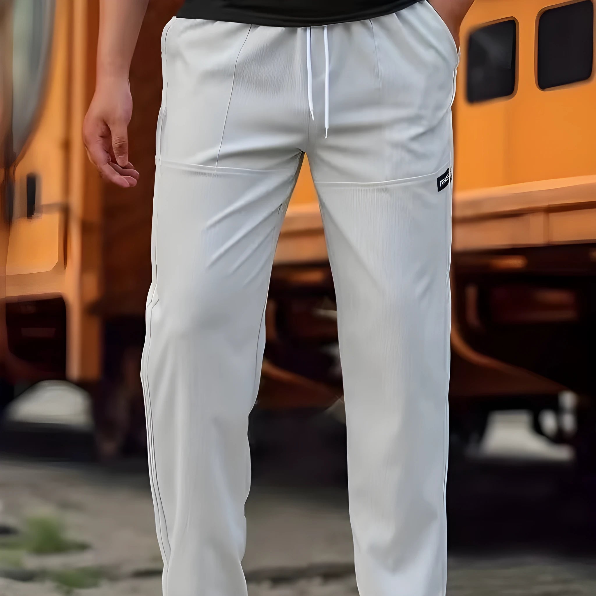 Men's polyester trousers in light grey colour, shown folded, for spring and autumn wear.