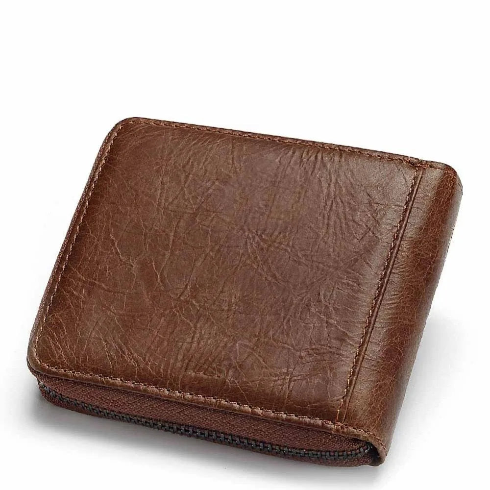 Coffee brown genuine leather men's wallet with zipper open showing multiple internal card slots and compartments.