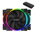 Set of three black 120mm RGB cooling fans for a PC case.
