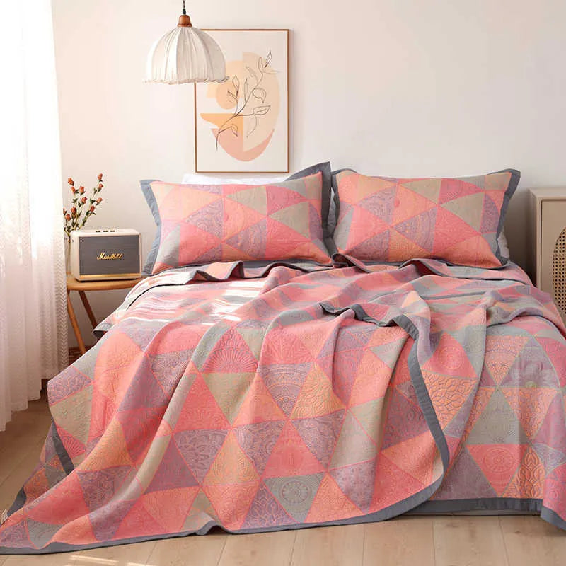 Cotton gauze bed blanket three-piece set with plants and flowers pattern showing blanket and matching pillowcases