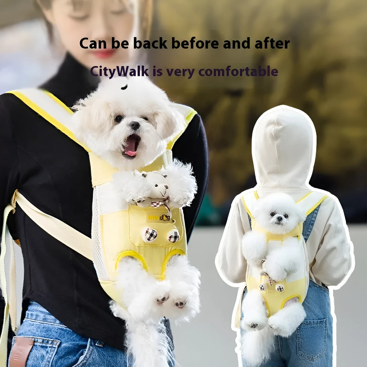 Cartoon animal pattern soft canvas pet carrier chest bag with colourful stitching and removable crossbody strap