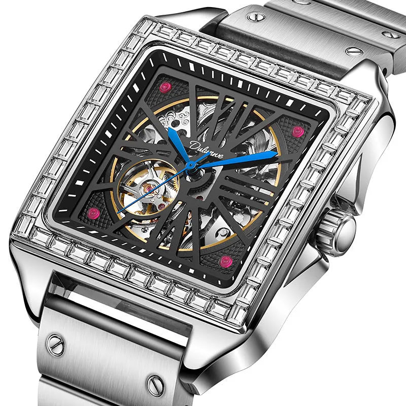 Square diamond-studded automatic men's watch with business style and stainless steel bracelet
