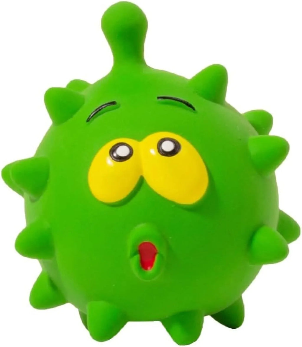 Four colourful latex squeaky dog toy balls with cute animal faces and textured surfaces