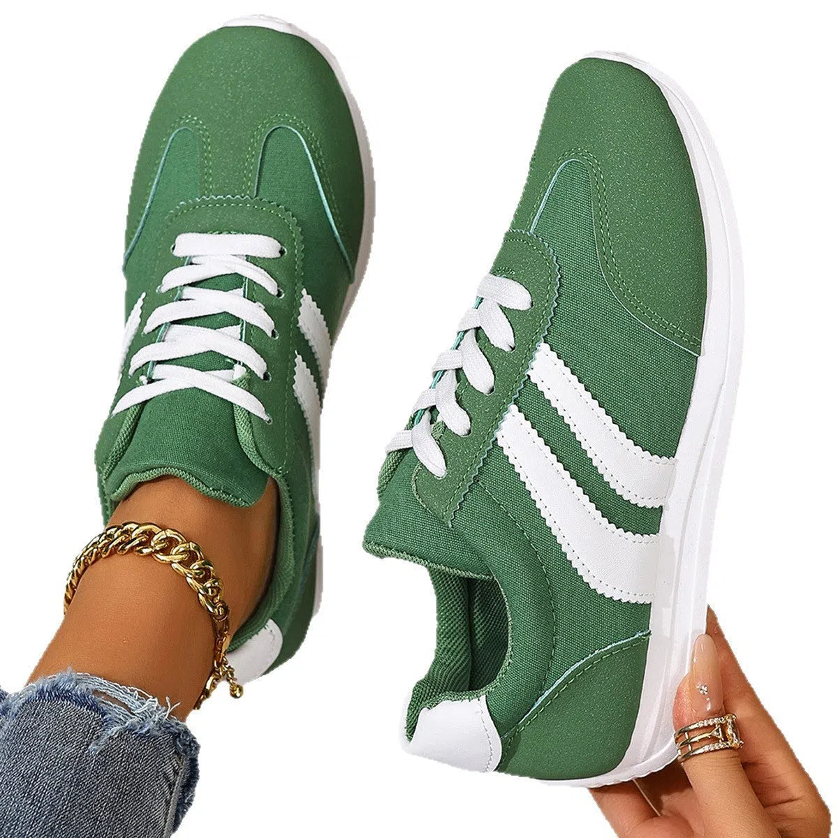 Women's casual flat shoes in green or red with round toe and elastic fabric upper, sizes 35-43