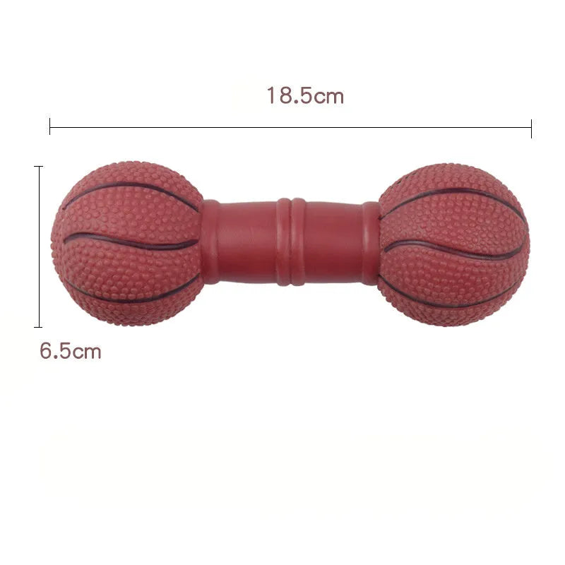 Four coloured brown, orange, white, yellow dumbbell shaped squeaky football dog toys.