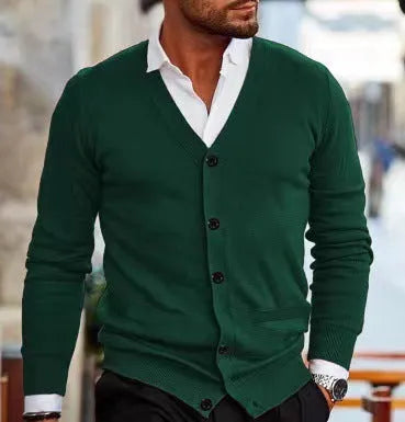 Men's slim fit acrylic cardigan sweater in autumn colours on hanger