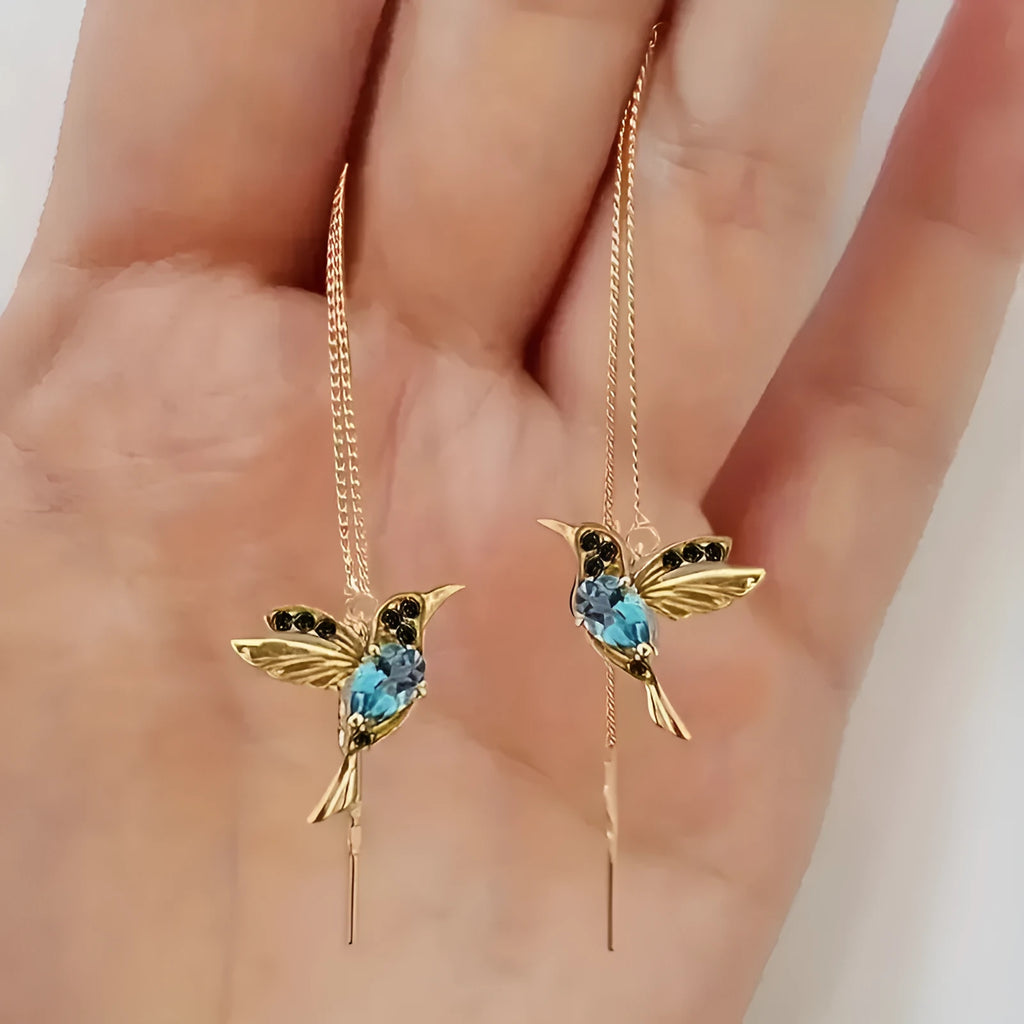 Long style bird hanging earrings with mixed zirconium wings in alloy electroplated construction