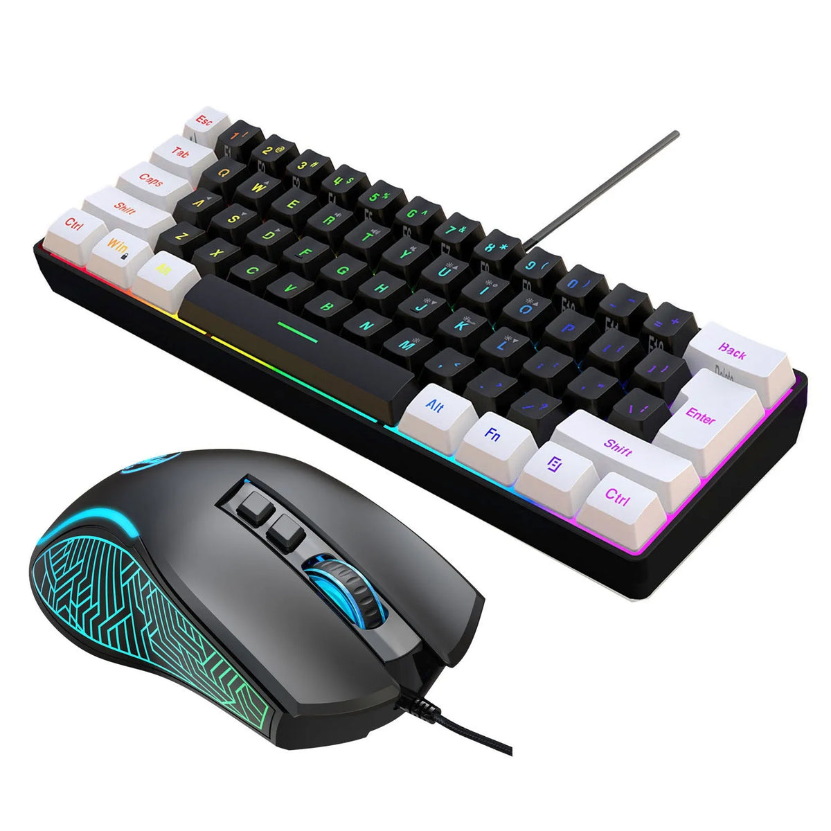 White and black 61 key wired membrane keyboard with compact design on desk