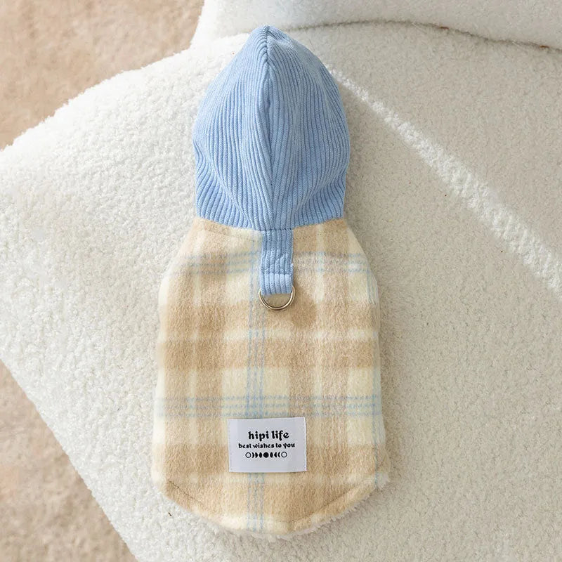 Blue corduroy chessboard grid hooded traction vest for dogs with size labels