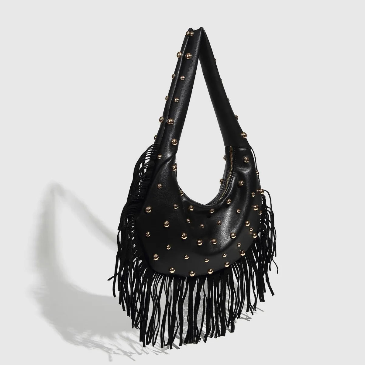 Retro tassel shoulder handbag in black or wine red with mobile phone pocket