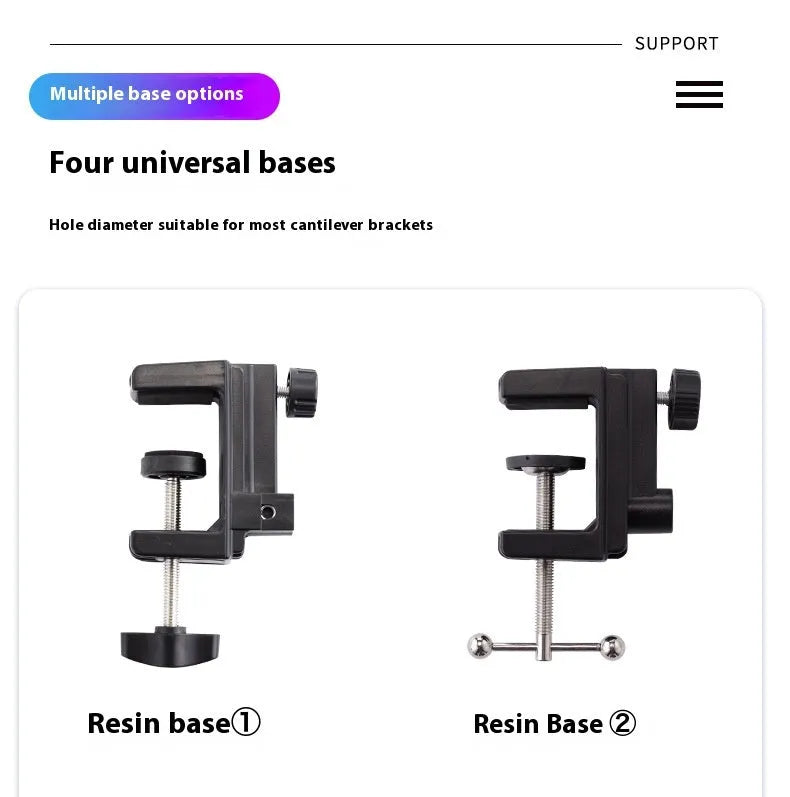 Black foldable metal cantilever bracket holding a tablet on a desk.