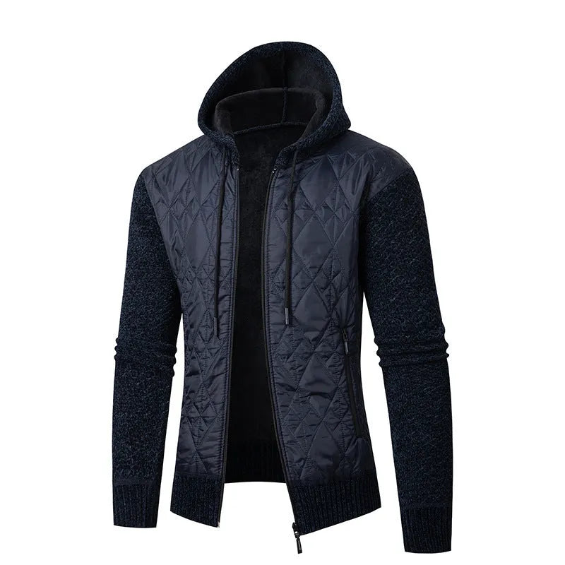 Men's grey corduroy hooded sweater coat with cinched waist design