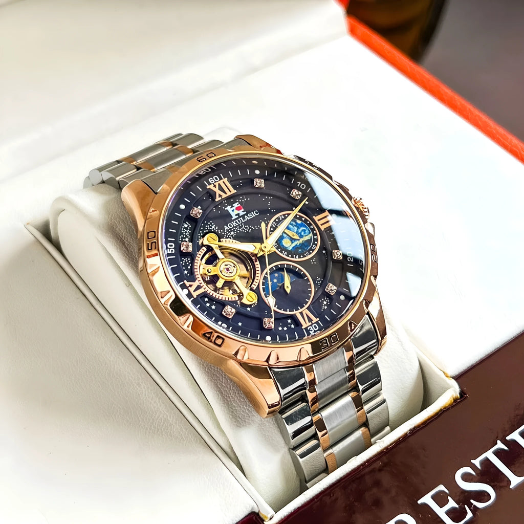 Men's automatic mechanical watch with rose gold casing, black dial, and large display