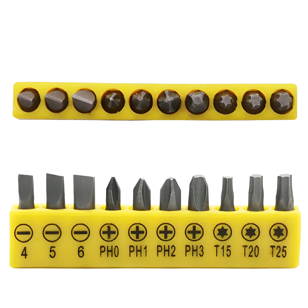 L-shaped double-headed socket wrench with 10 screwdriver bits and 10 bit sockets arranged around tool