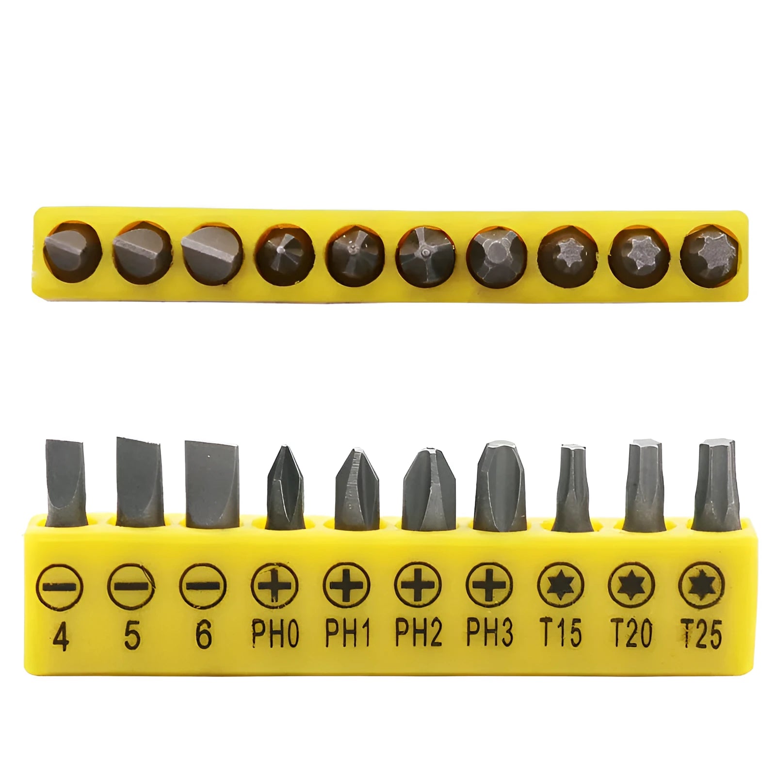 L-shaped double-headed socket wrench with 10 screwdriver bits and 10 bit sockets arranged around tool