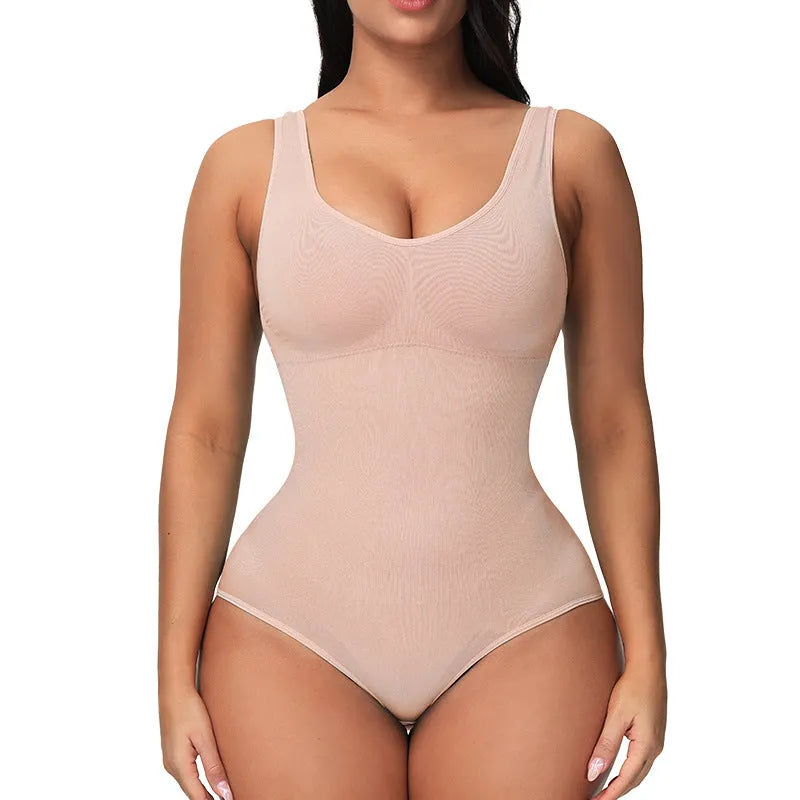 Green seamless women's nylon bodysuit shapewear on a hanger