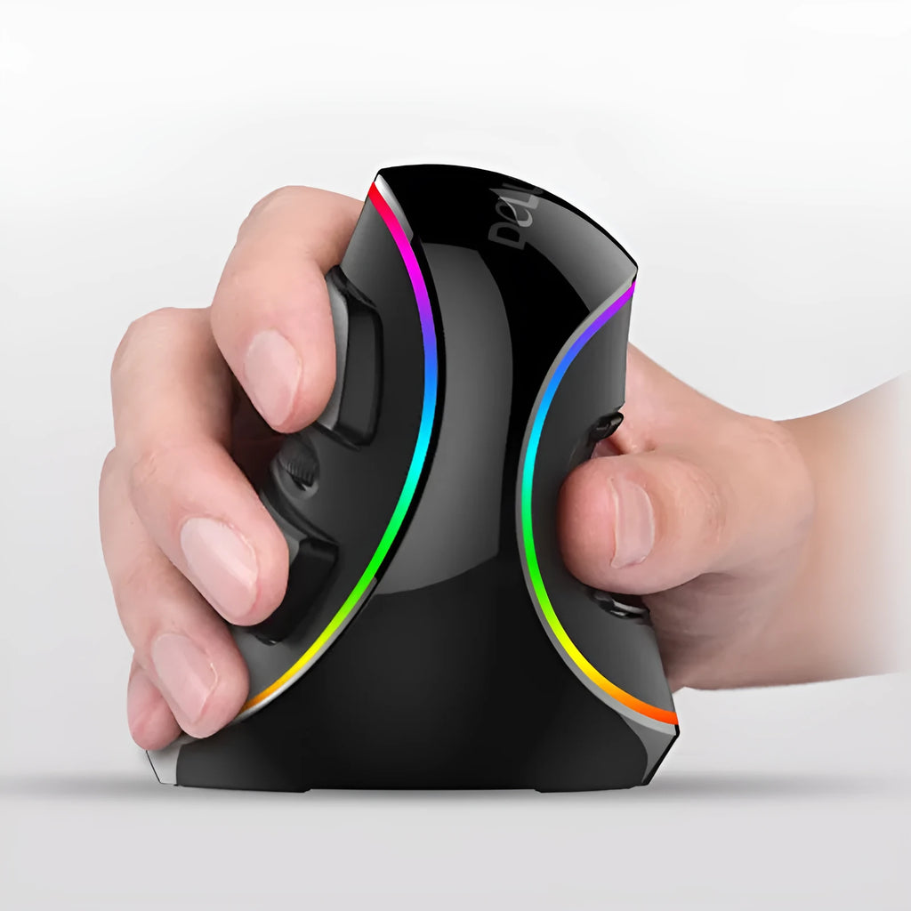 Vertical snail-shaped ergonomic RGB gaming mouse with USB cable on a desk.