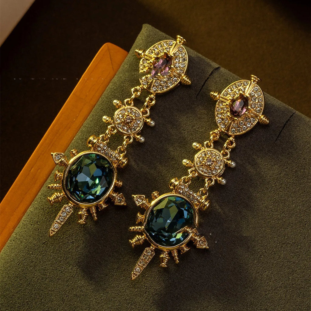 Gold geometry stud earrings with retro styling and diamond treatment surface