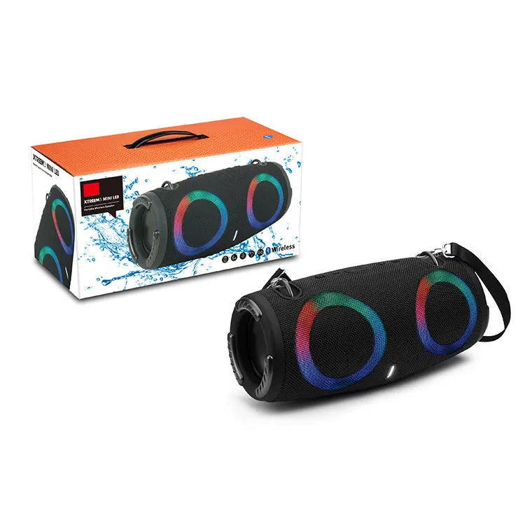 War Drum portable Bluetooth speaker in multiple colours with RGB lights and carrying strap.