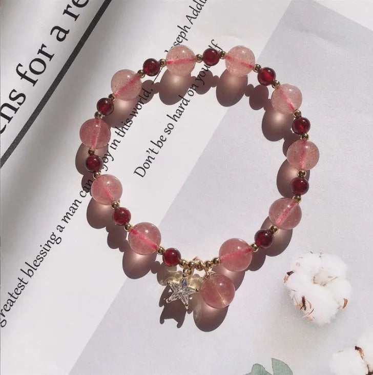 Handmade strawberry quartz crystal bracelet with Hetian jade peach blossom charm for women