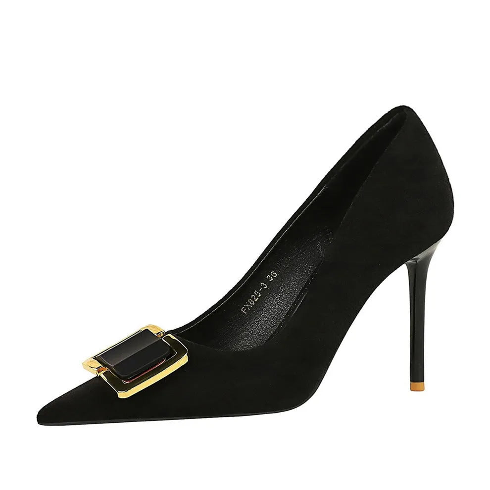 Black suede women's stiletto high heels with 9cm heel and pointed toe