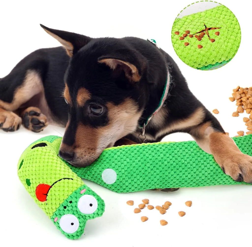 Squeak dog toy shaped like a snail with hidden food holes for puzzle training.