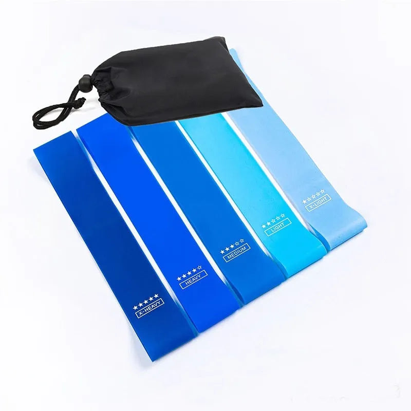 Set of five colour-coded yoga resistance straps with force marks and five plain TPE straps.