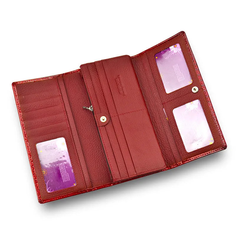 Genuine leather women's coin purse with patent crocodile pattern in wine red, black, and red colour options
