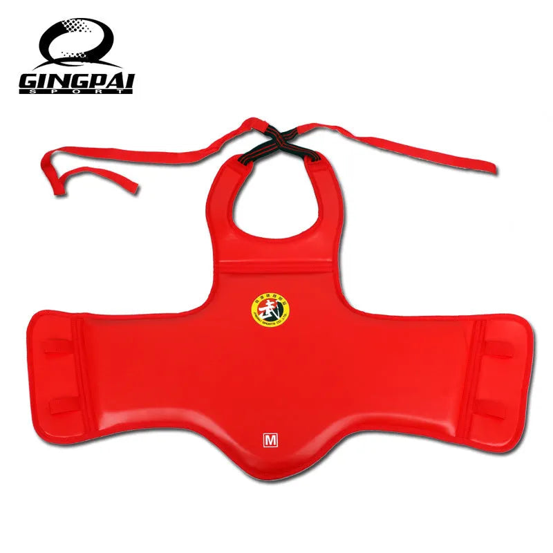 Red boxing helmet and chest protector set for training and sparring sessions