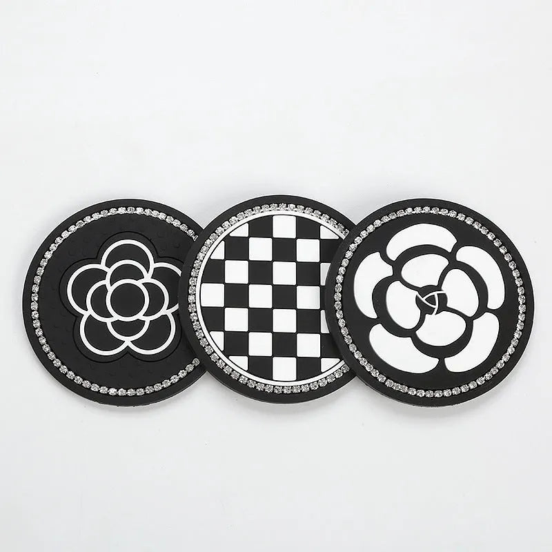 PVC car cup holder mat with decorative coaster design inserted in vehicle drink slot