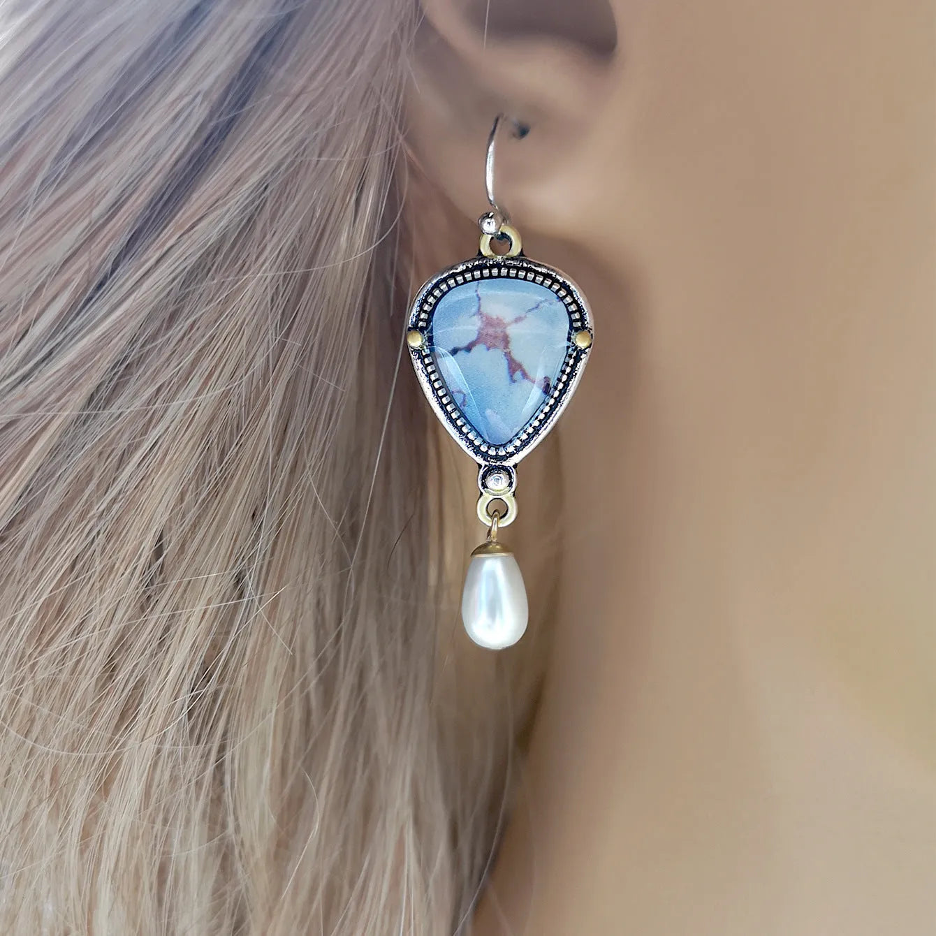 Retro blue geometric drop earrings with synthetic opal and pearl stones