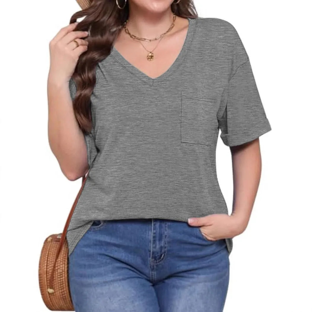 Grey loose V-neck T-shirt with chest pocket, short sleeve casual top