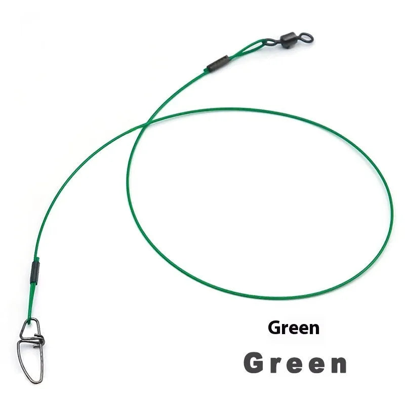 Set of 10 green steel wire double buckle fishing bite leaders showing 54cm length
