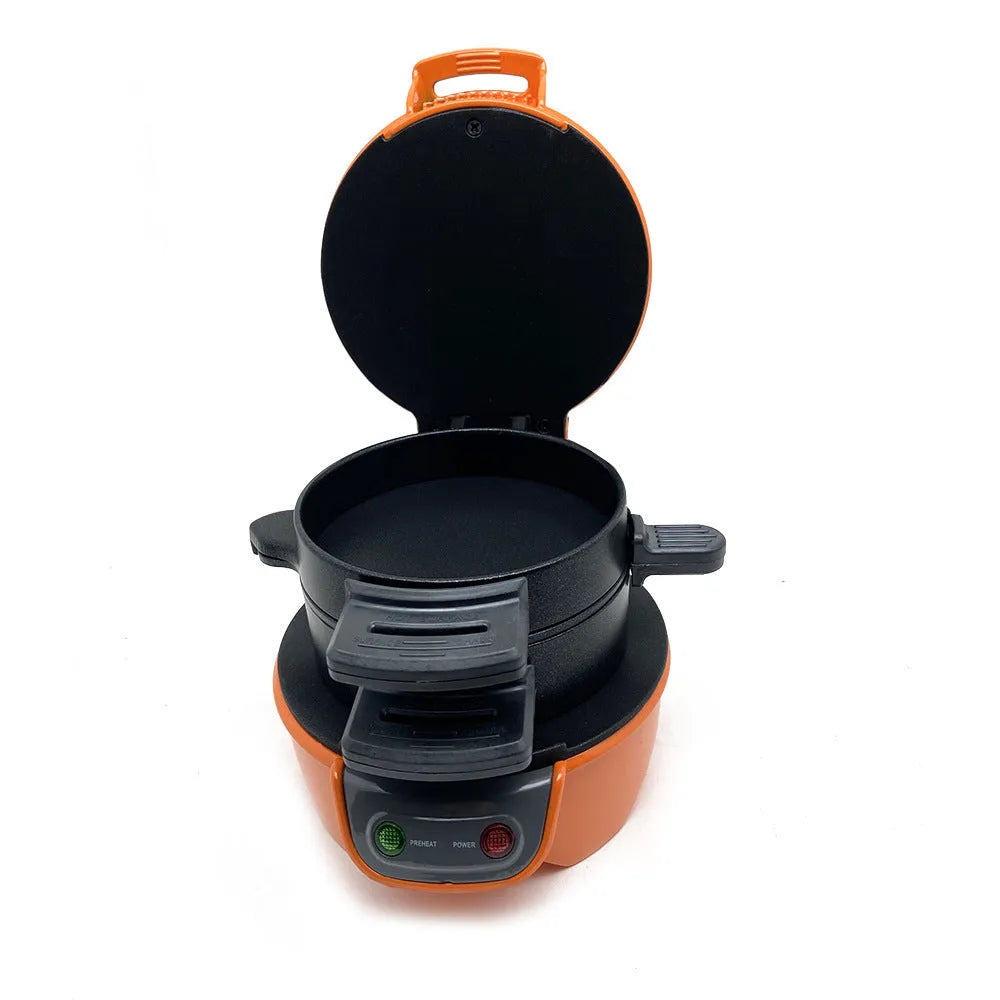 Bright red multifunction breakfast sandwich maker with egg cooker ring and two baking trays