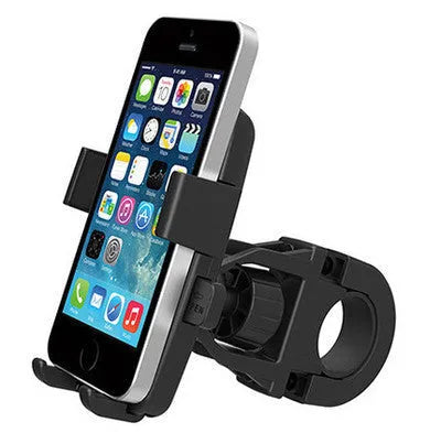 Black ABS plastic bicycle phone holder with securing rope mounted on bike handlebars