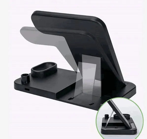 4-in-1 wireless charging station with adjustable magnetic support plate charging multiple devices