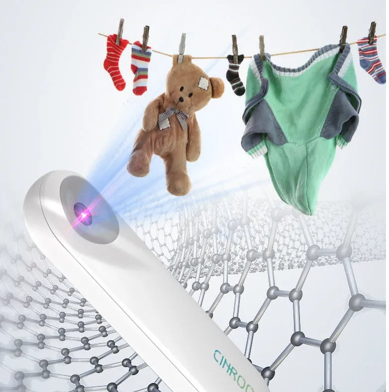 White portable ultraviolet sterilizer lamp showing compact dimensions with disinfection light angle indicator