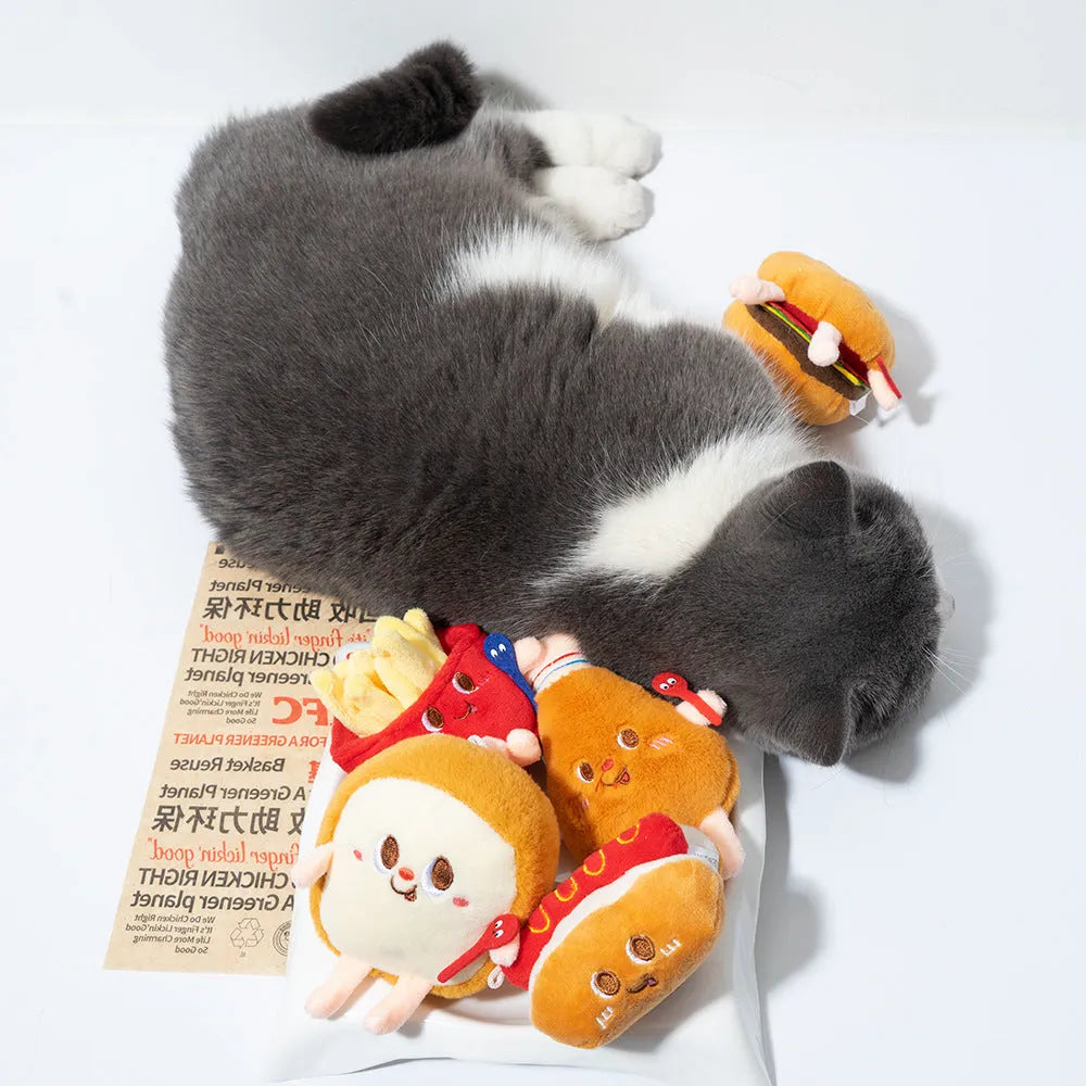 Soft cat teething toy with hamburger and chicken leg designs for kitten chewing