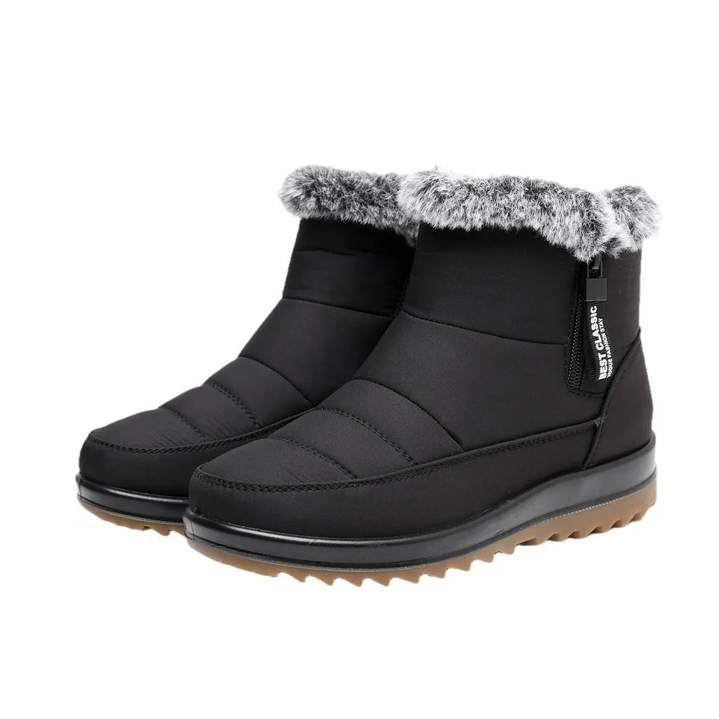 Women's winter ankle boot with side zipper and fleece lining, shown in black, dark brown, and red.