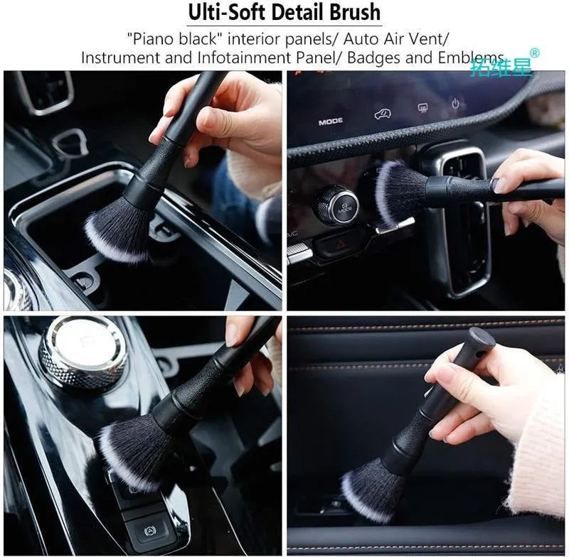 Black PP handle car detailing brush with ultra-soft pig hair bristles in large and small sizes.