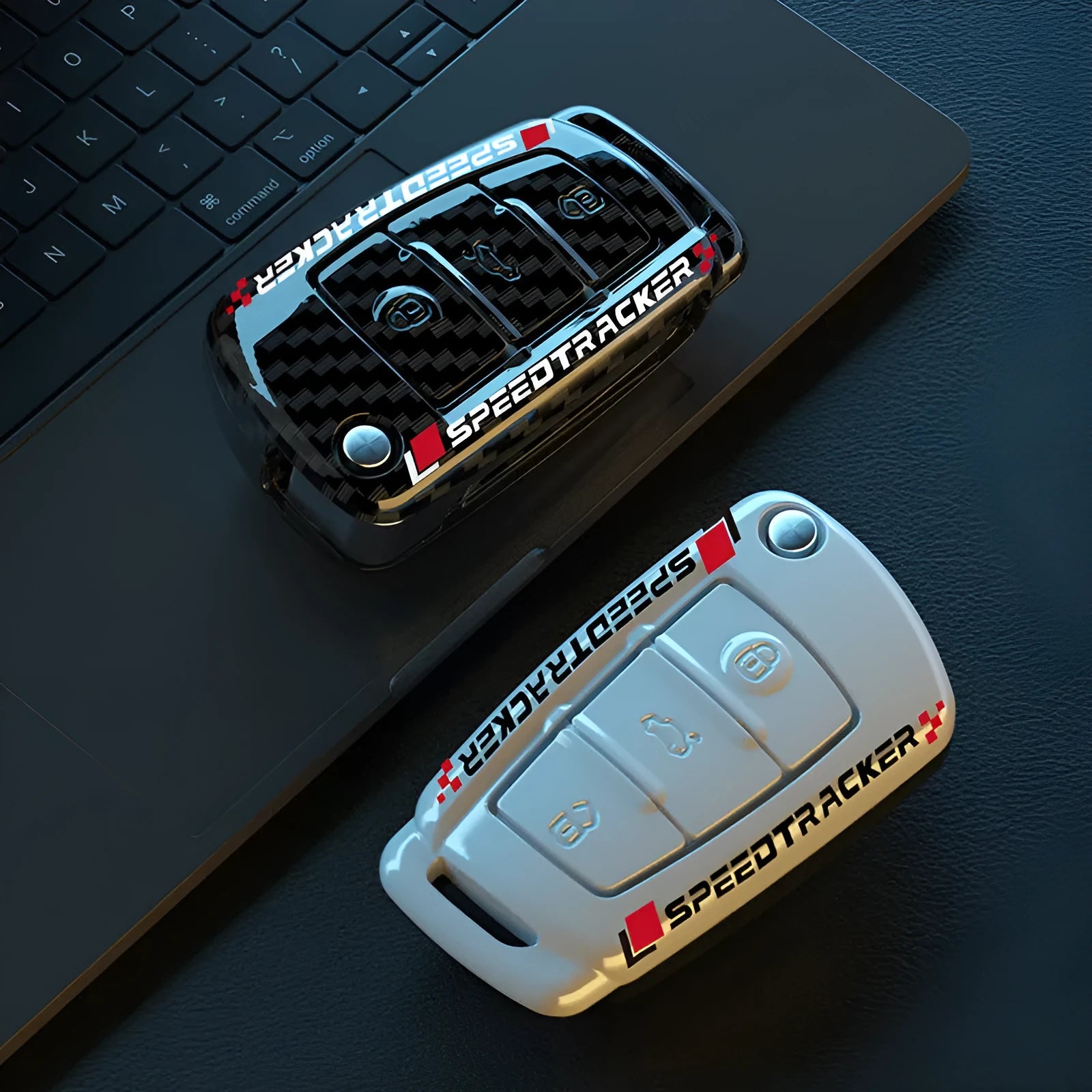 Carbon fibre style car key cover with mirror element in carbon black and white colours