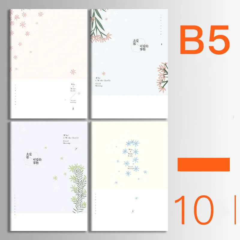 Ten soft cover kraft paper notebooks with thread binding in A5 and B5 sizes showing multiple design styles