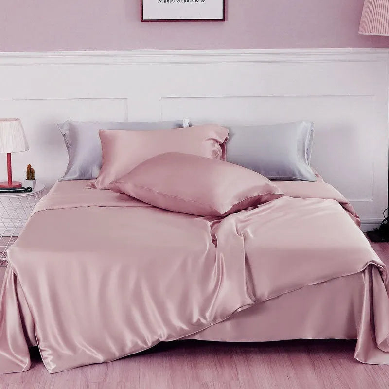 Solid colour silk duvet cover in lotus pink, pea green, bright brown, mysterious purple, white, and silver blue.