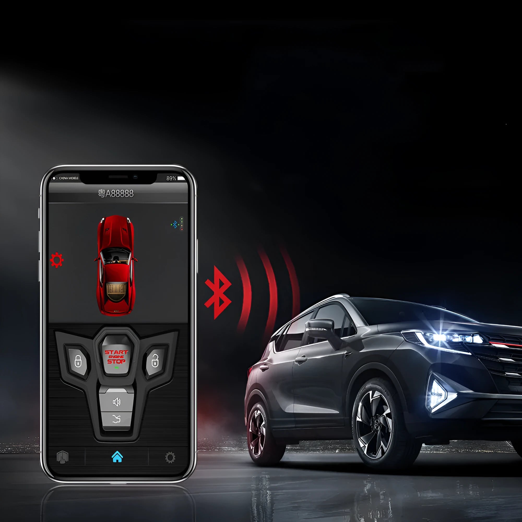 Red and frosted black car alarm system with remote control units for 3000m vehicle security monitoring