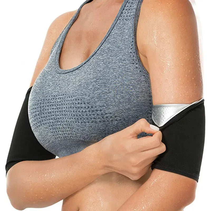 Blue and silver arm compression sweatbands shown in various sizes for sports and yoga.