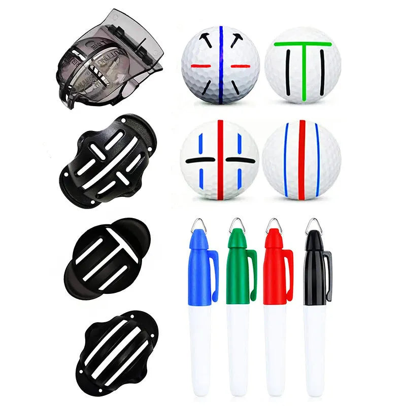 Golf putting alignment tool set with plastic scriber markers and drawing pens
