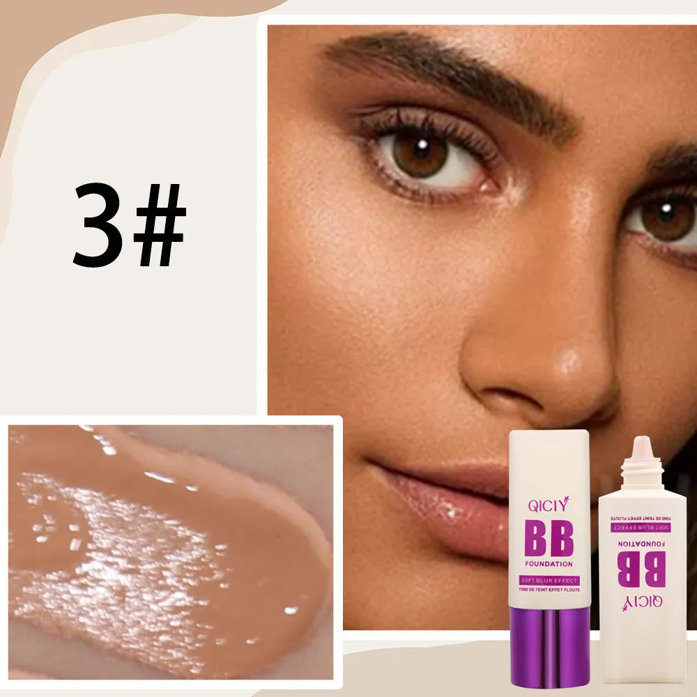 Squeezable plastic bottle of brightening BB cream liquid foundation in one of ten available shades.